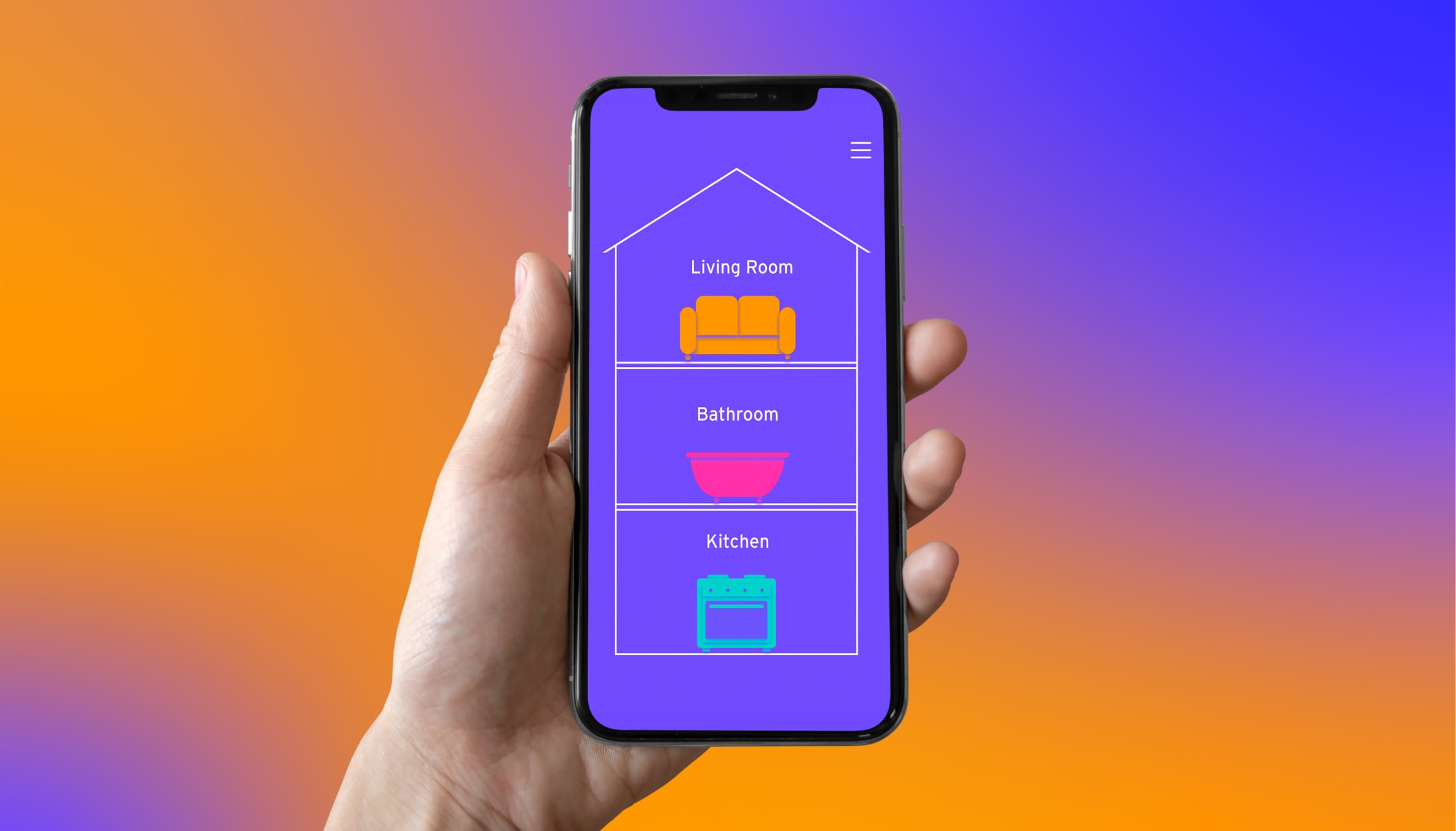 A person holds an iphone screen showing an abstract house with three levels in front of a orange and blue gradient